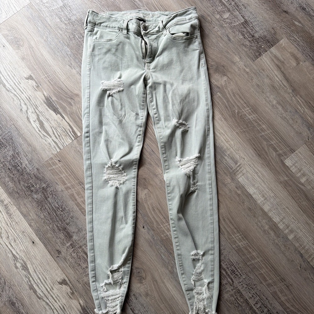 American Eagle Jeans Women's Sz 10 Green Jegging Distressed Skinny Stretch 30x27